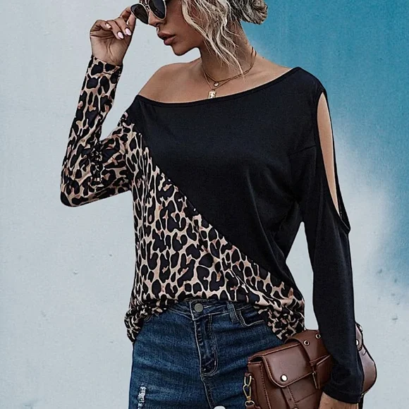 Asymmetric Leopard Color Block Long Sleeve Top - Picture 2 of 6